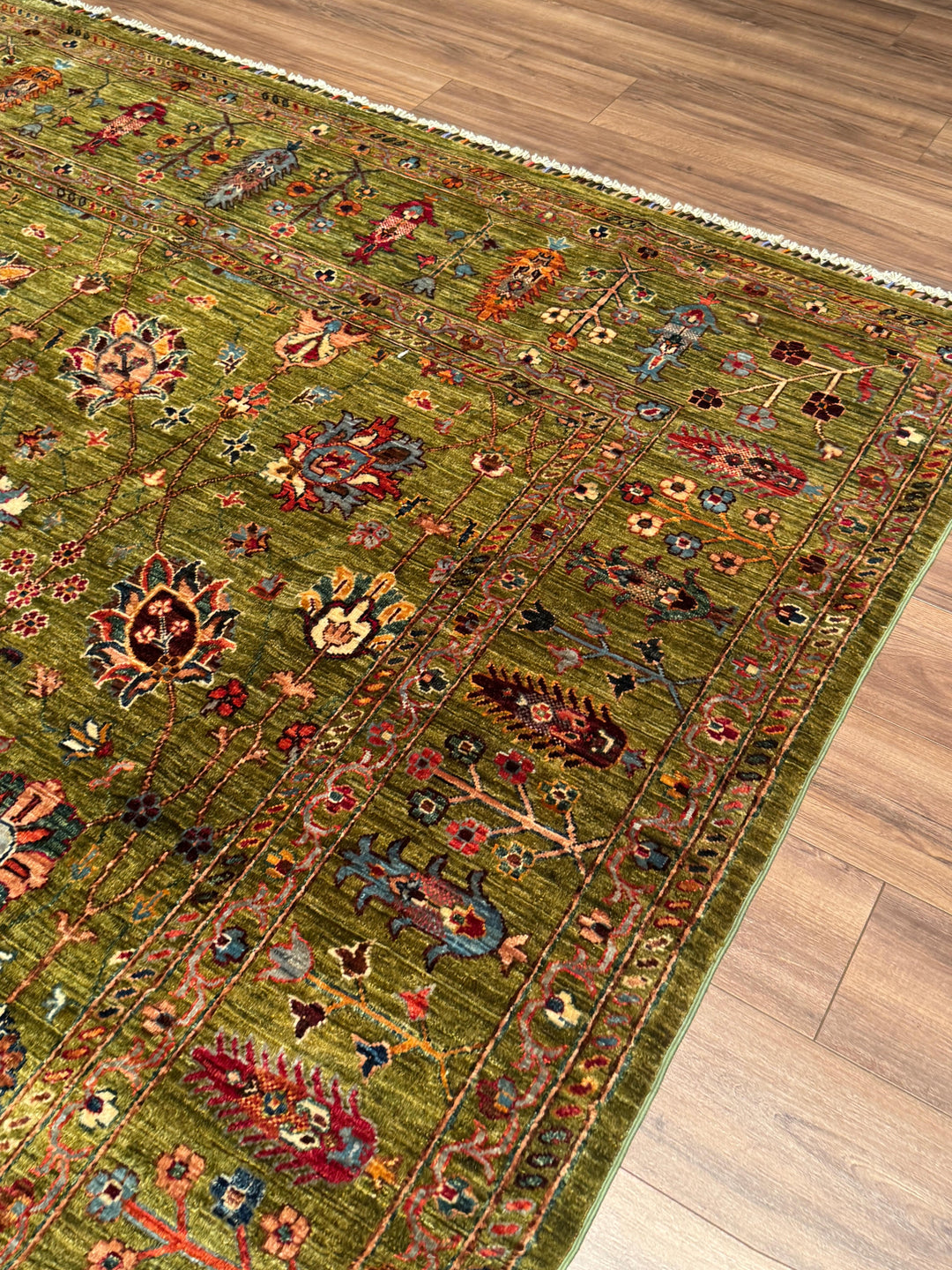 Sultani Binbirgece Orijinal El Dokuması Yeşil Kök Boya Yün Halı 246x350 8.61 Metrekare - 8x12 ft