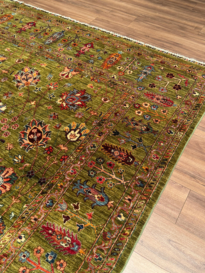 Sultani Binbirgece Orijinal El Dokuması Yeşil Kök Boya Yün Halı 246x350 8.61 Metrekare - 8x12 ft