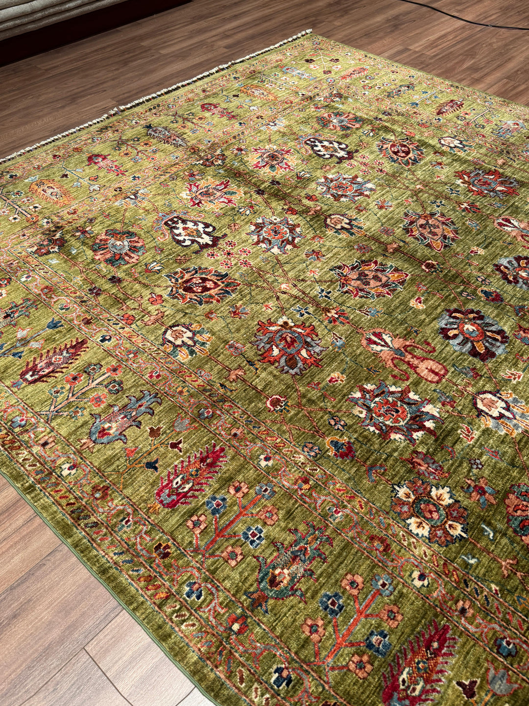 Sultani Binbirgece Orijinal El Dokuması Yeşil Kök Boya Yün Halı 246x350 8.61 Metrekare - 8x12 ft
