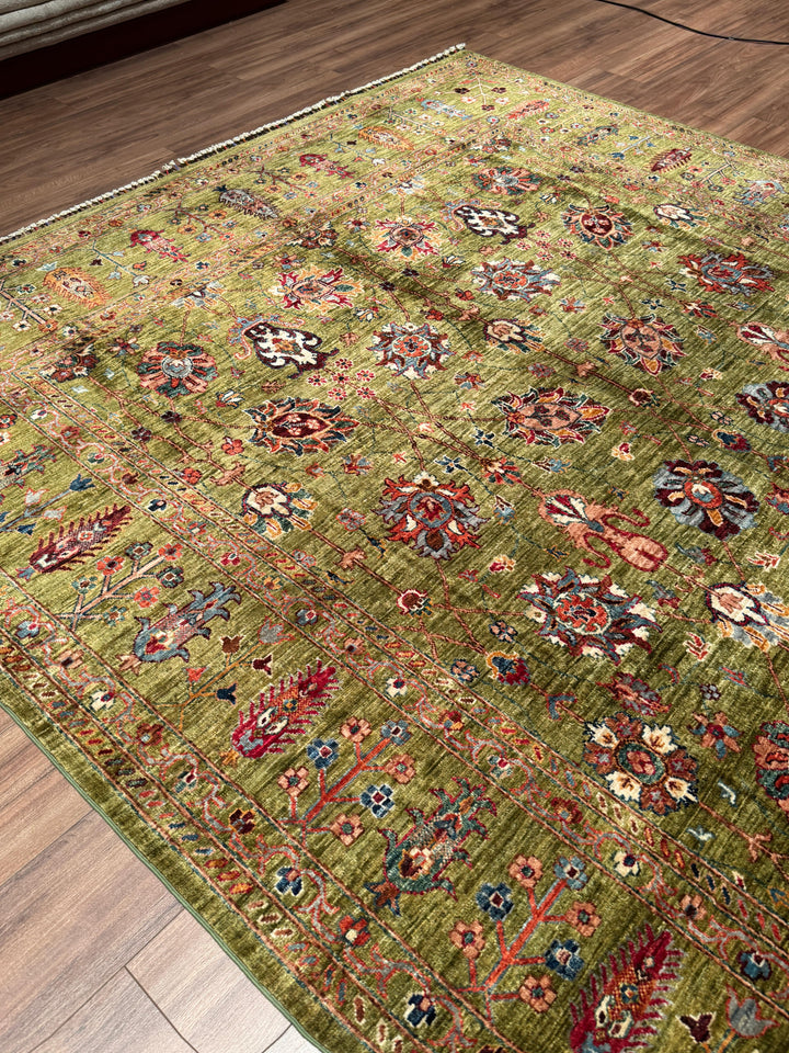 Sultani Binbirgece Orijinal El Dokuması Yeşil Kök Boya Yün Halı 246x350 8.61 Metrekare - 8x12 ft