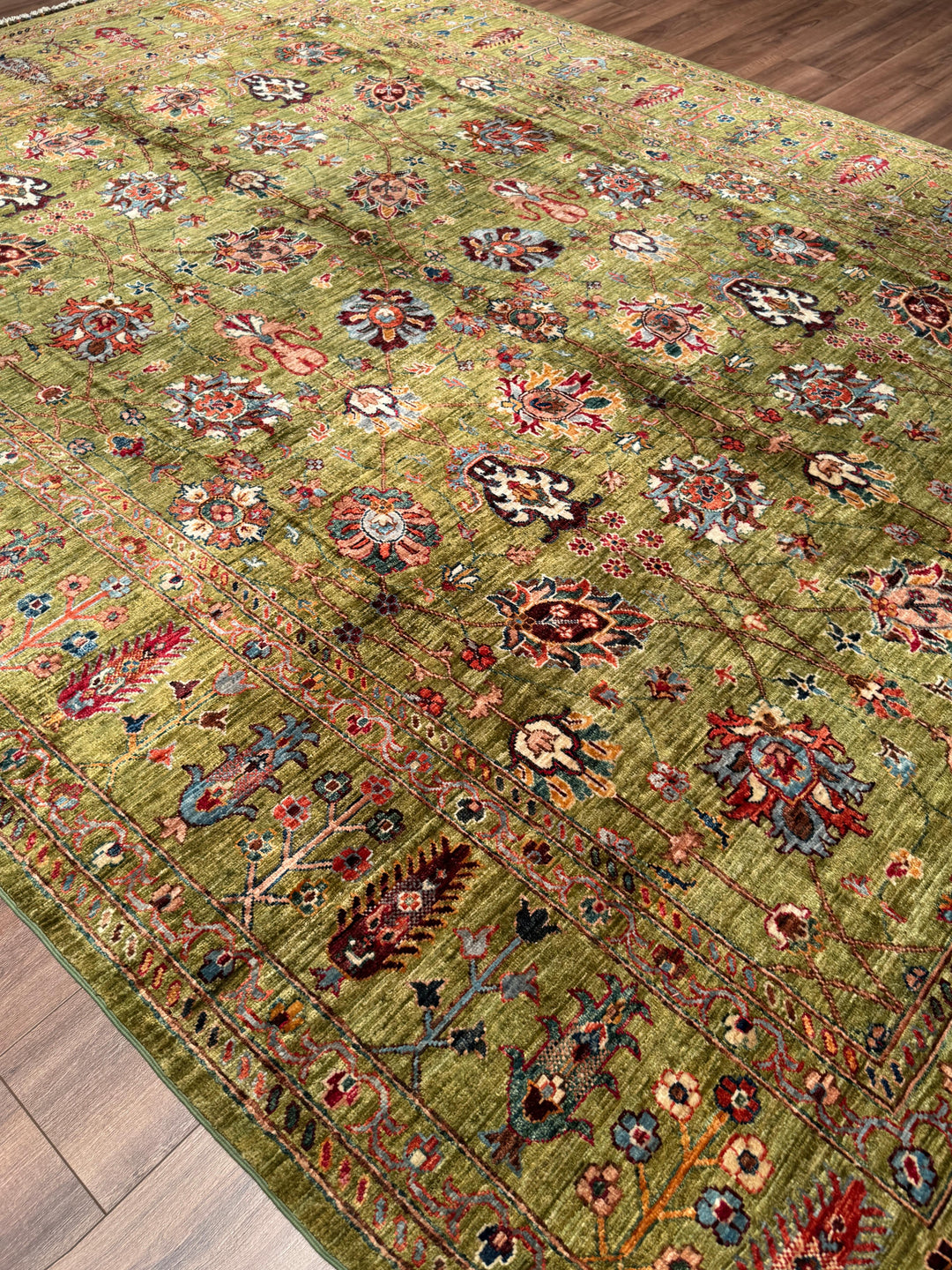 Sultani Binbirgece Orijinal El Dokuması Yeşil Kök Boya Yün Halı 246x350 8.61 Metrekare - 8x12 ft