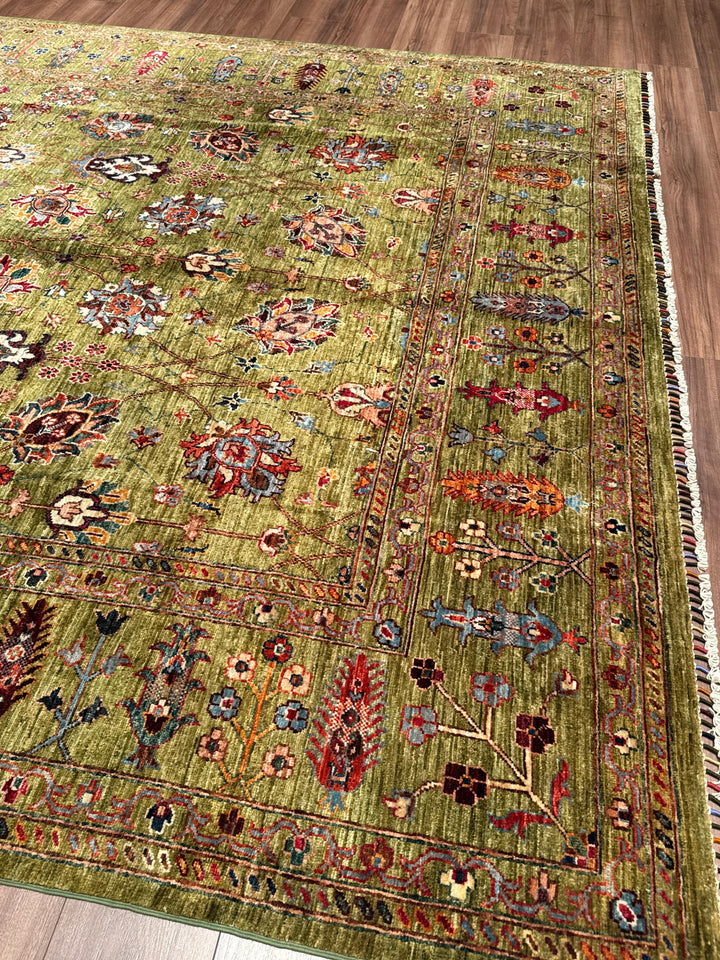 Sultani Binbirgece Orijinal El Dokuması Yeşil Kök Boya Yün Halı 246x350 8.61 Metrekare - 8x12 ft