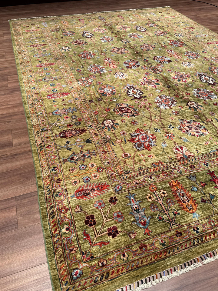 Sultani Binbirgece Orijinal El Dokuması Yeşil Kök Boya Yün Halı 246x350 8.61 Metrekare - 8x12 ft