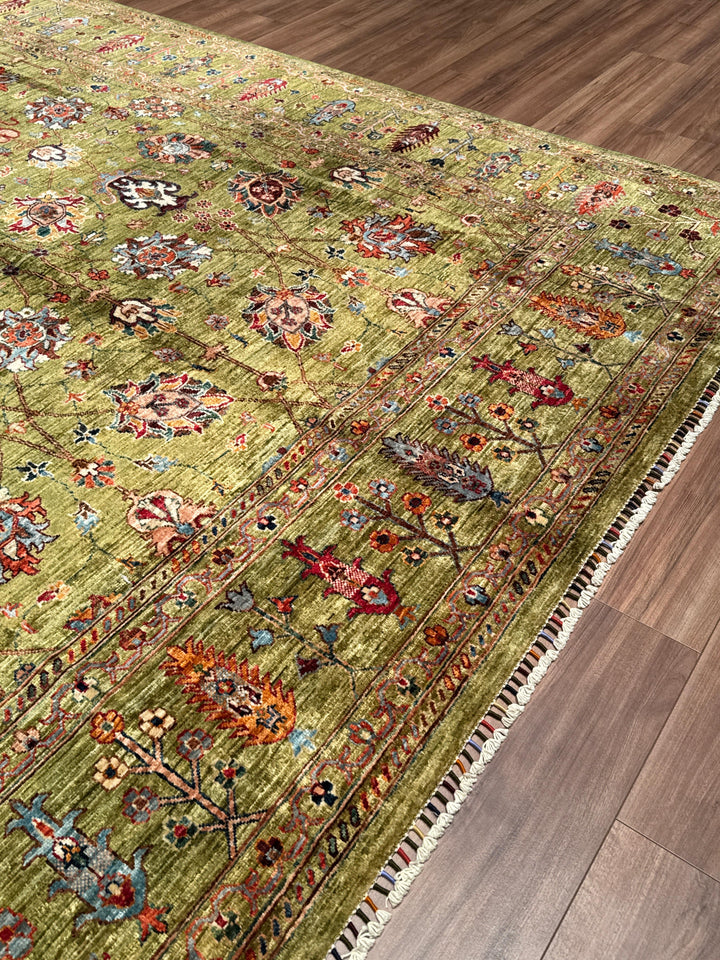 Sultani Binbirgece Orijinal El Dokuması Yeşil Kök Boya Yün Halı 246x350 8.61 Metrekare - 8x12 ft