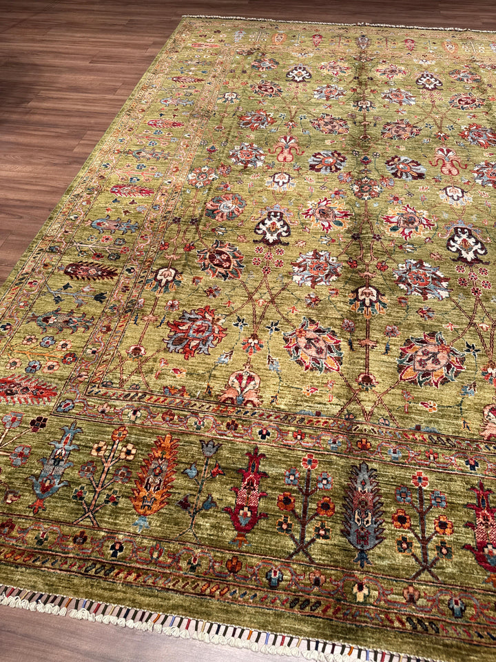 Sultani Binbirgece Orijinal El Dokuması Yeşil Kök Boya Yün Halı 246x350 8.61 Metrekare - 8x12 ft