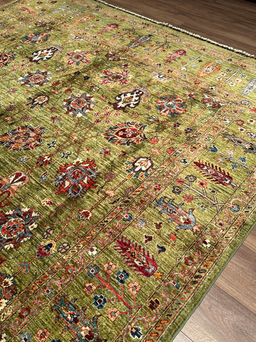 Sultani Binbirgece Orijinal El Dokuması Yeşil Kök Boya Yün Halı 246x350 8.61 Metrekare - 8x12 ft