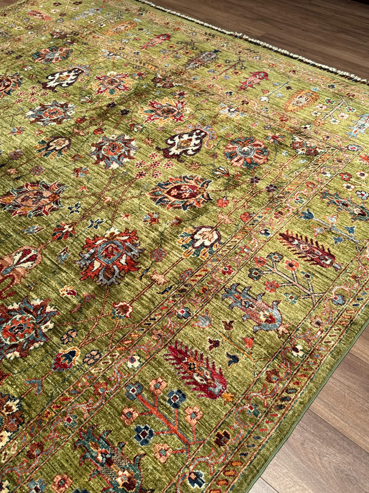 Sultani Binbirgece Orijinal El Dokuması Yeşil Kök Boya Yün Halı 246x350 8.61 Metrekare - 8x12 ft