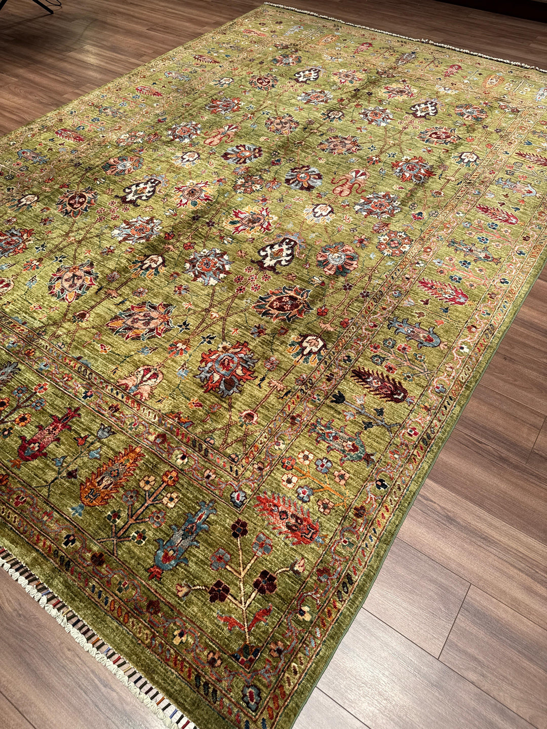 Sultani Binbirgece Orijinal El Dokuması Yeşil Kök Boya Yün Halı 246x350 8.61 Metrekare - 8x12 ft