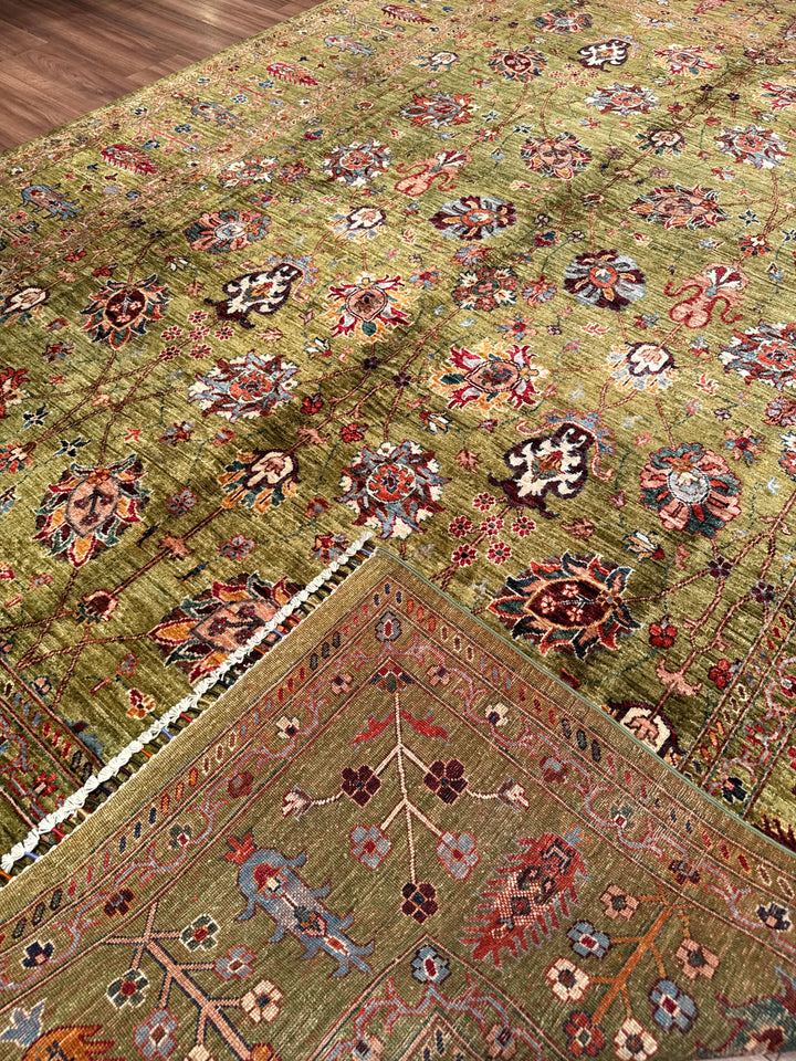 Sultani Binbirgece Orijinal El Dokuması Yeşil Kök Boya Yün Halı 246x350 8.61 Metrekare - 8x12 ft