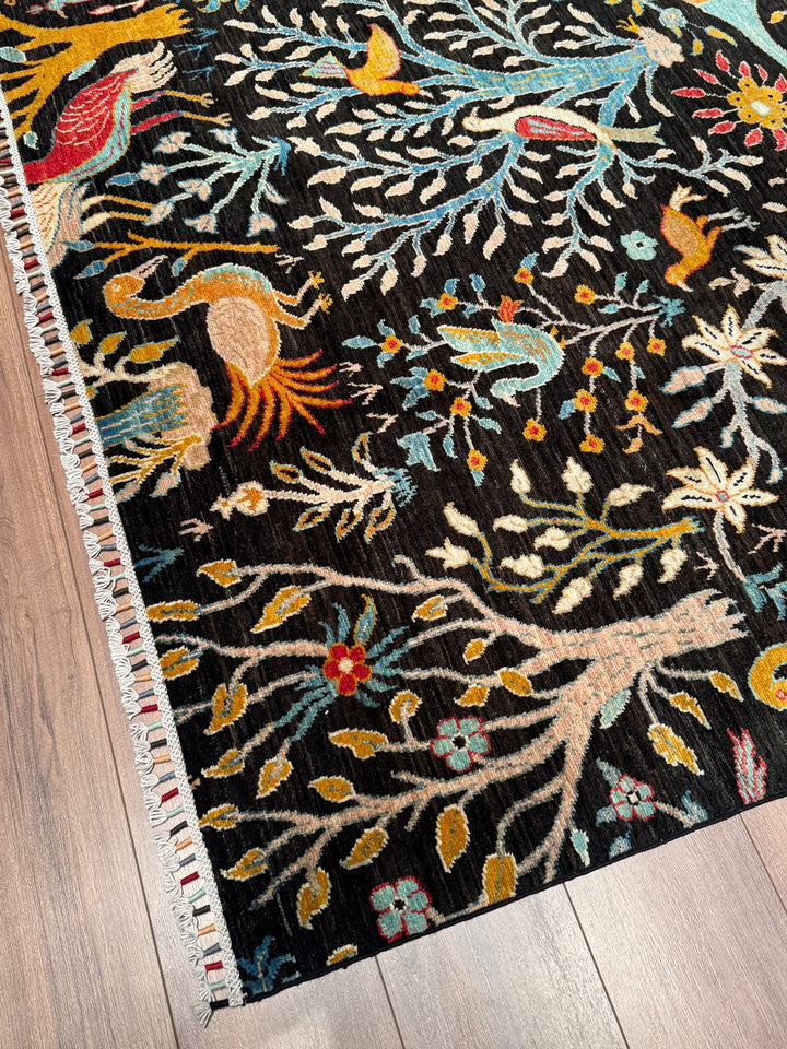 Kuş Orijinal El Dokuması Siyah Kök Boya Yün Halı 241x301 7.25 Metrekare - 8x10 ft
