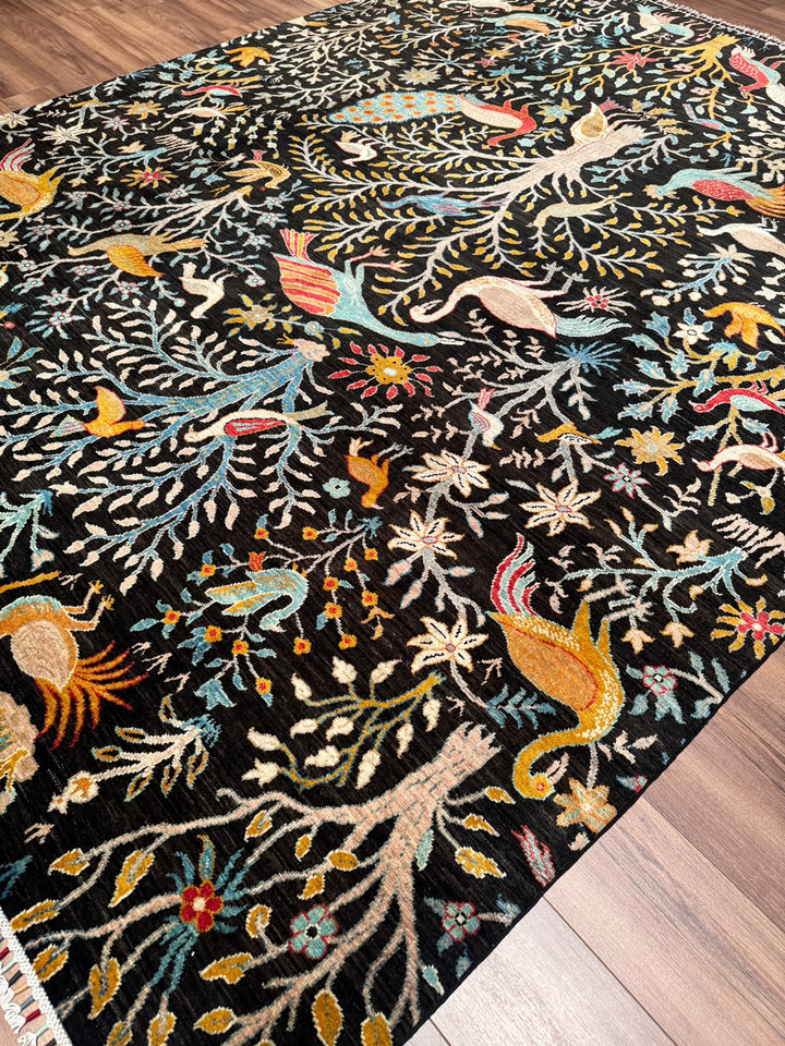 Kuş Orijinal El Dokuması Siyah Kök Boya Yün Halı 241x301 7.25 Metrekare - 8x10 ft