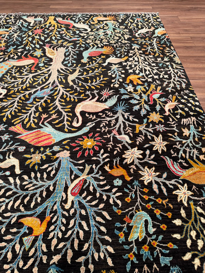 Kuş Orijinal El Dokuması Siyah Kök Boya Yün Halı 241x301 7.25 Metrekare - 8x10 ft
