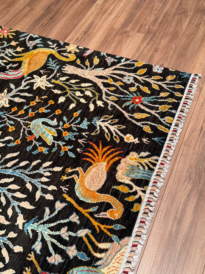 Kuş Orijinal El Dokuması Siyah Kök Boya Yün Halı 241x301 7.25 Metrekare - 8x10 ft
