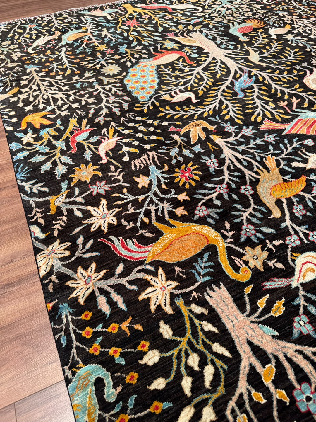 Kuş Orijinal El Dokuması Siyah Kök Boya Yün Halı 241x301 7.25 Metrekare - 8x10 ft