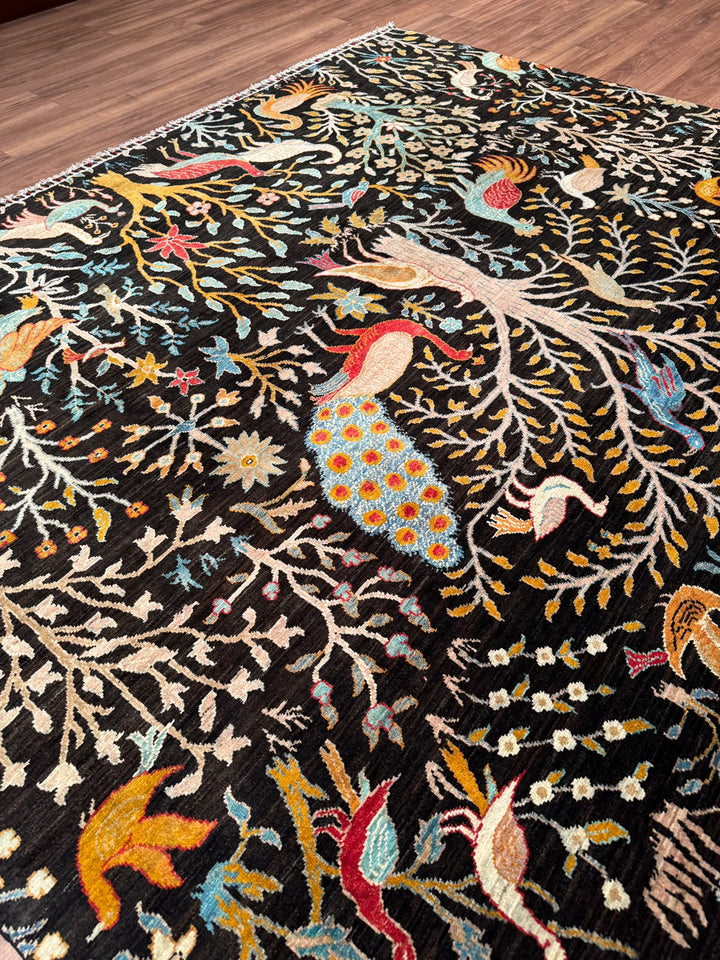 Kuş Orijinal El Dokuması Siyah Kök Boya Yün Halı 241x301 7.25 Metrekare - 8x10 ft