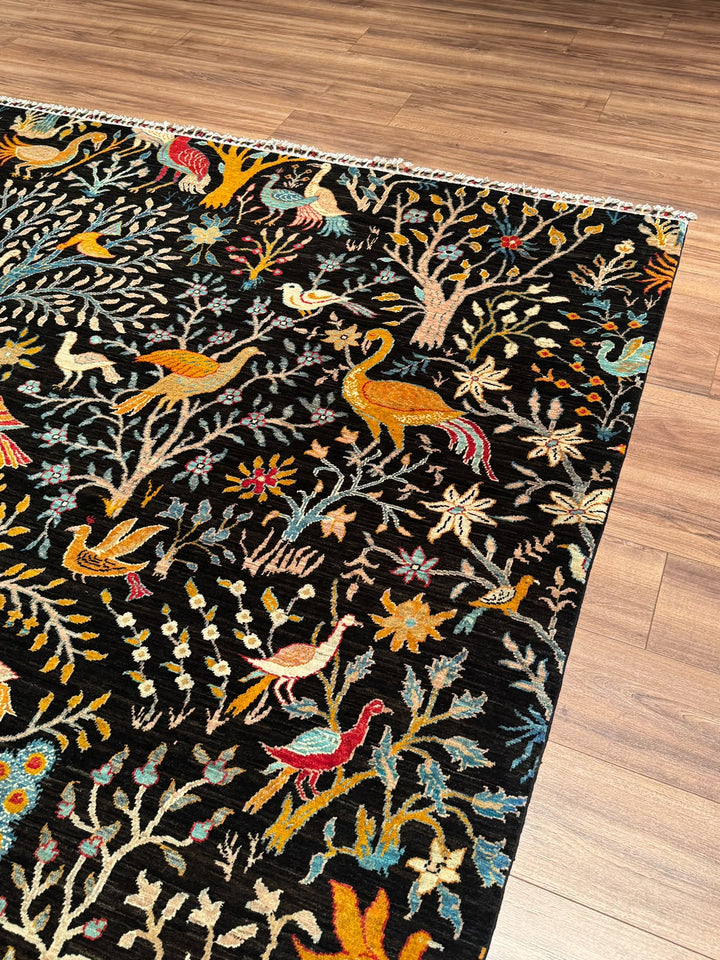 Kuş Orijinal El Dokuması Siyah Kök Boya Yün Halı 241x301 7.25 Metrekare - 8x10 ft