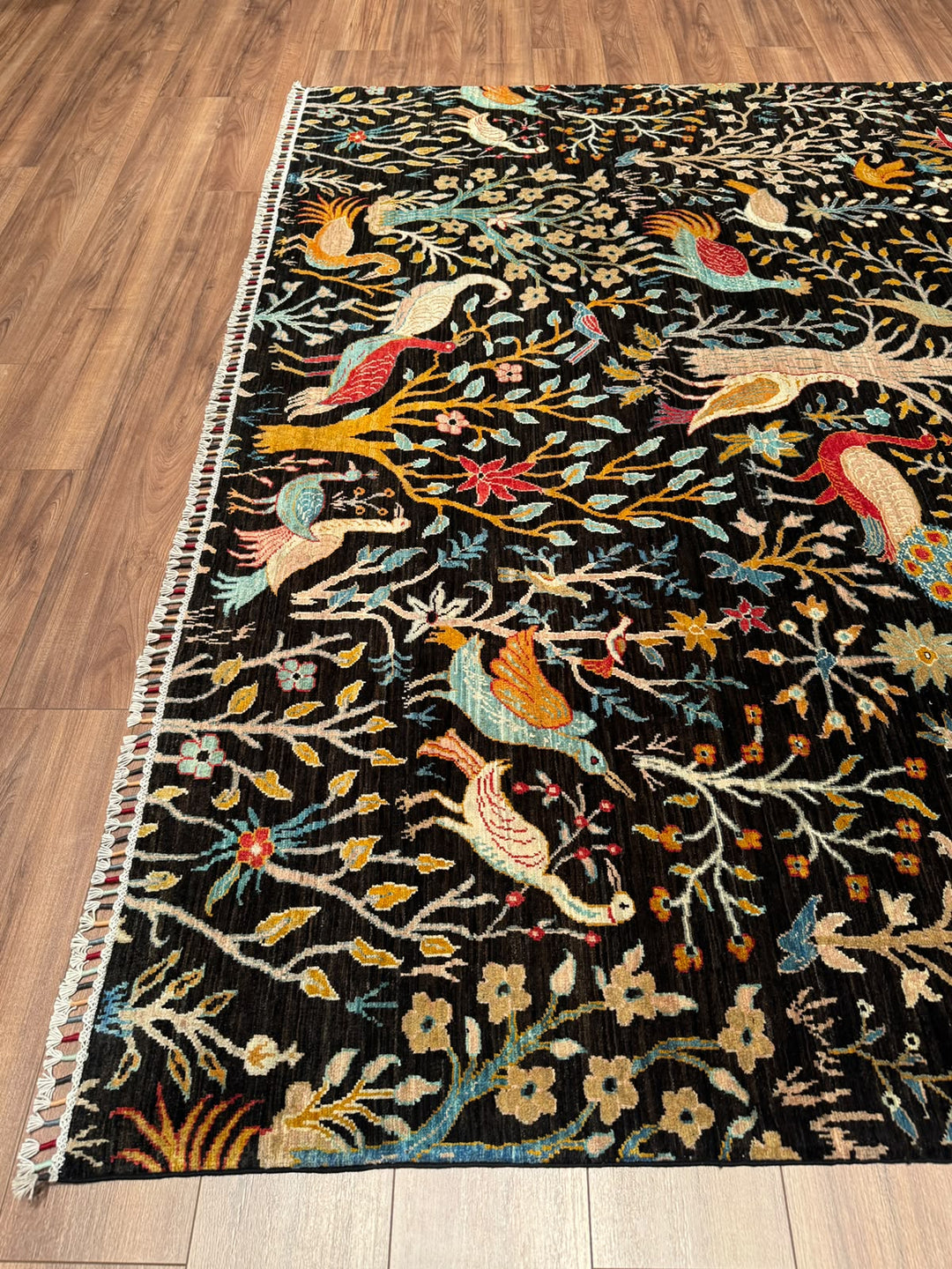Kuş Orijinal El Dokuması Siyah Kök Boya Yün Halı 241x301 7.25 Metrekare - 8x10 ft