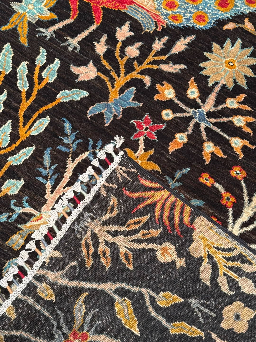 Kuş Orijinal El Dokuması Siyah Kök Boya Yün Halı 241x301 7.25 Metrekare - 8x10 ft