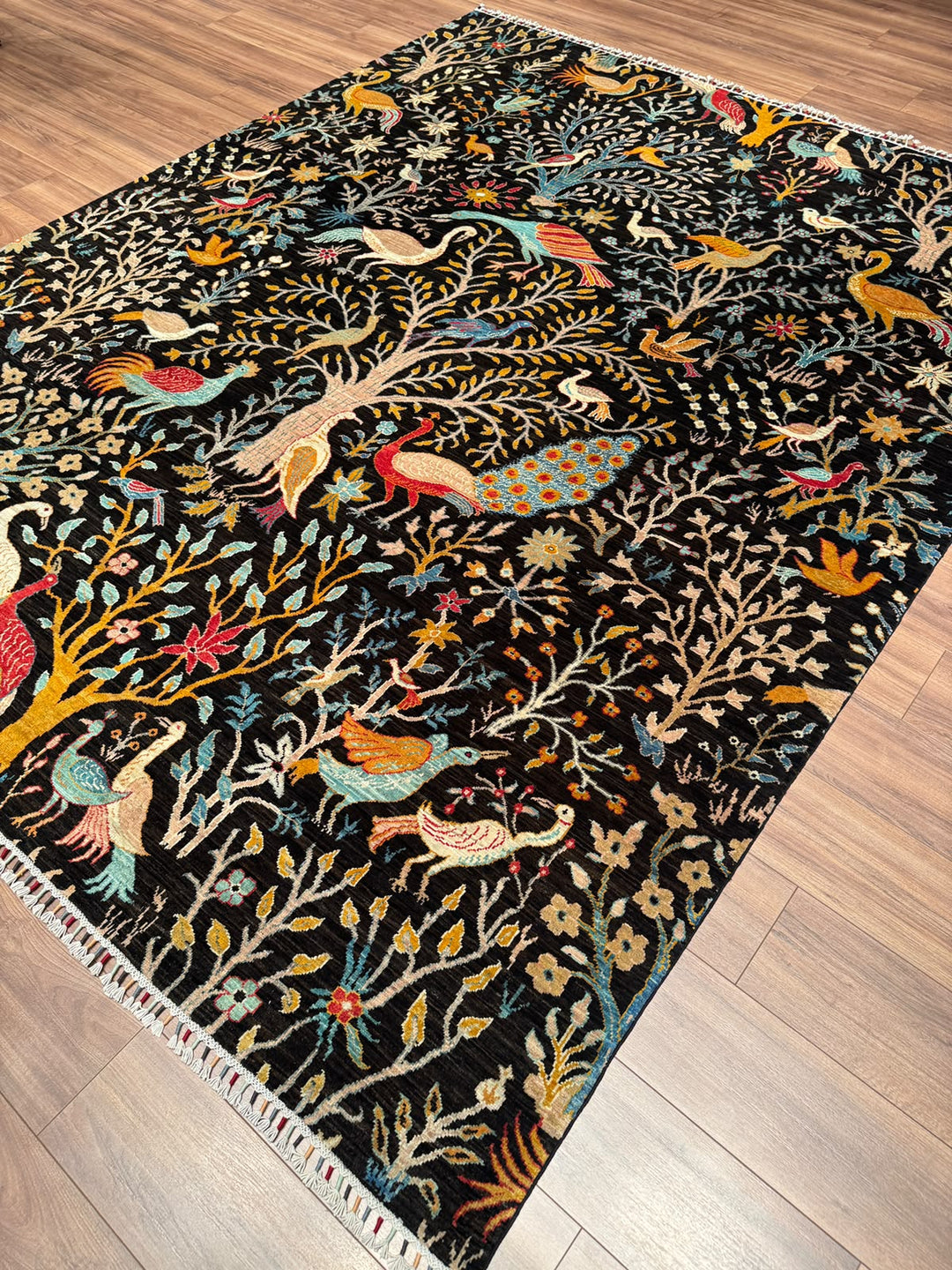 Kuş Orijinal El Dokuması Siyah Kök Boya Yün Halı 241x301 7.25 Metrekare - 8x10 ft