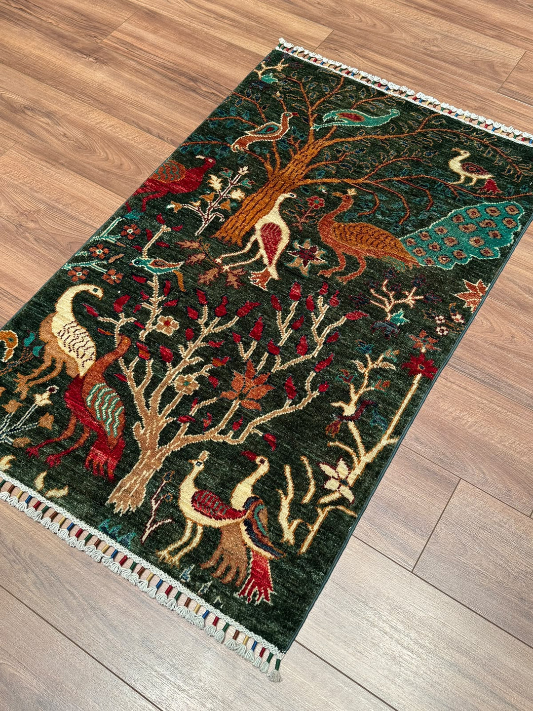 Kuş Orijinal El Dokuması Yeşil Kök Boya Yün Halı 0.78x124 0.97 Metrekare - 3x5 ft