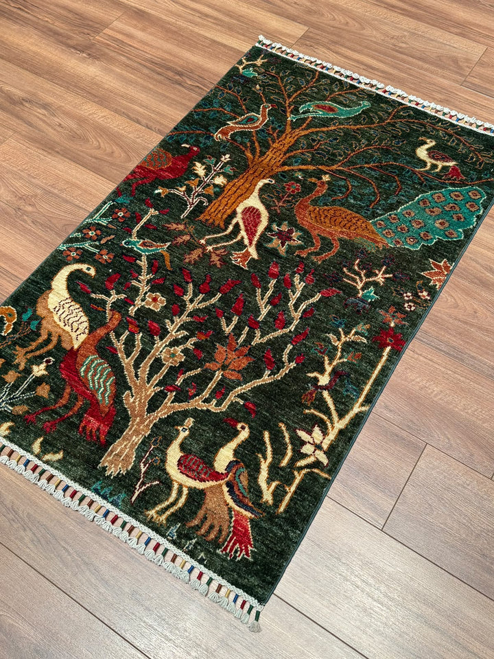 Kuş Orijinal El Dokuması Yeşil Kök Boya Yün Halı 0.78x124 0.97 Metrekare - 3x5 ft