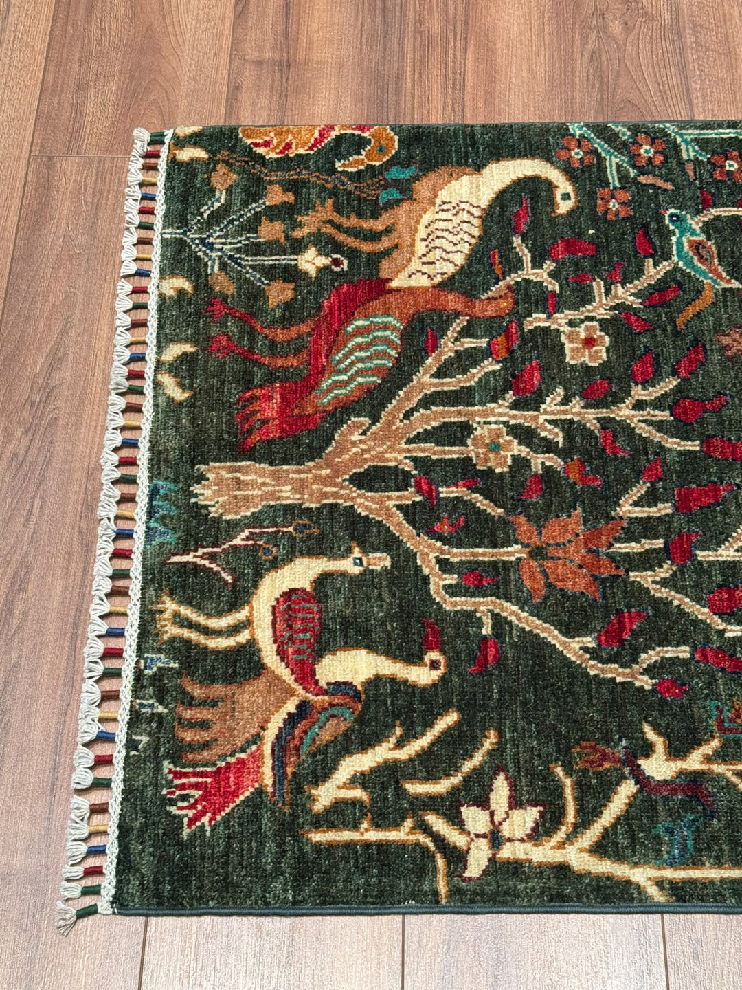 Kuş Orijinal El Dokuması Yeşil Kök Boya Yün Halı 0.78x124 0.97 Metrekare - 3x5 ft