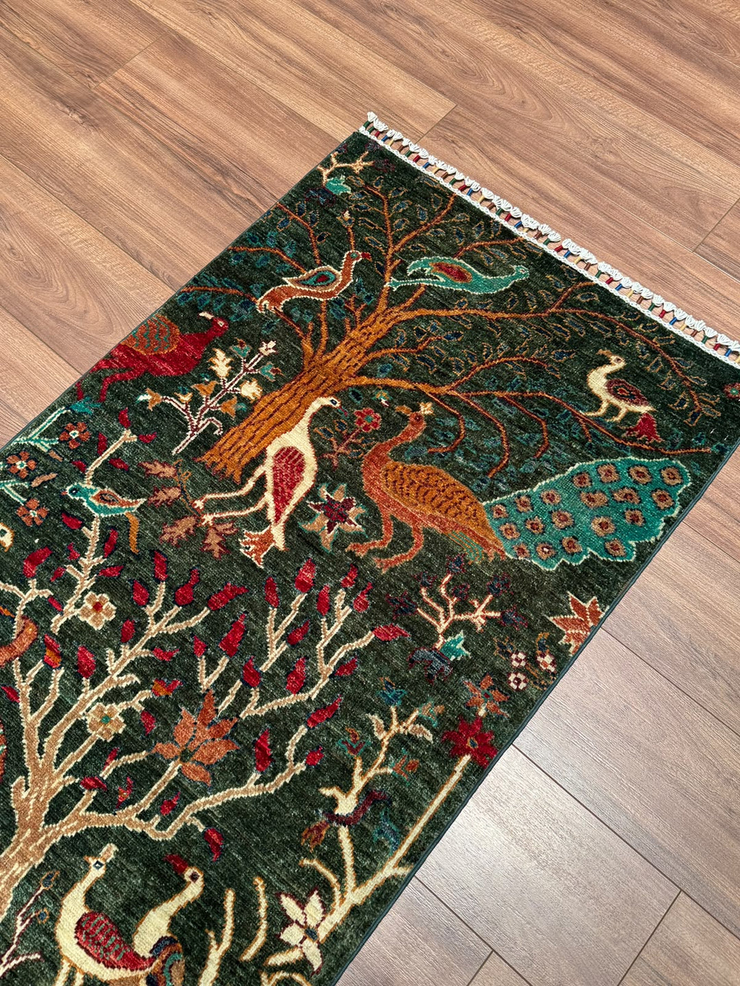 Kuş Orijinal El Dokuması Yeşil Kök Boya Yün Halı 0.78x124 0.97 Metrekare - 3x5 ft