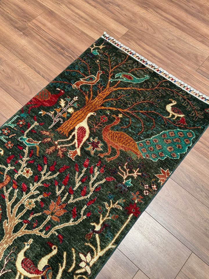 Kuş Orijinal El Dokuması Yeşil Kök Boya Yün Halı 0.78x124 0.97 Metrekare - 3x5 ft