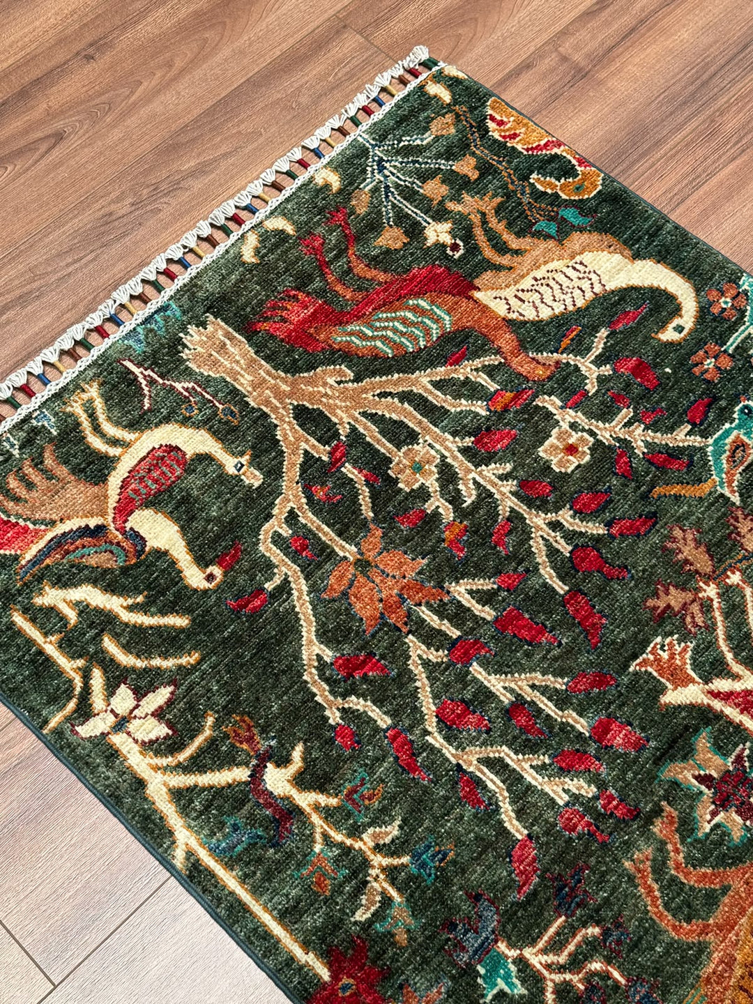 Kuş Orijinal El Dokuması Yeşil Kök Boya Yün Halı 0.78x124 0.97 Metrekare - 3x5 ft