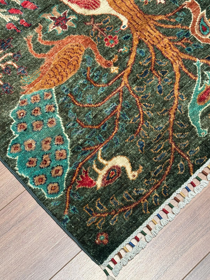 Kuş Orijinal El Dokuması Yeşil Kök Boya Yün Halı 0.78x124 0.97 Metrekare - 3x5 ft