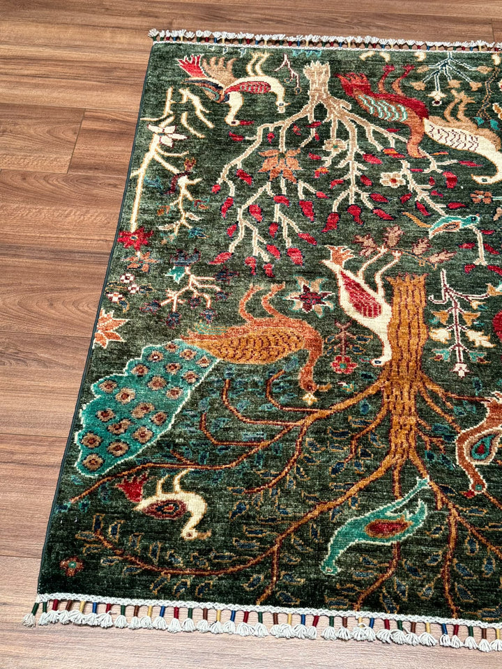 Kuş Orijinal El Dokuması Yeşil Kök Boya Yün Halı 0.78x124 0.97 Metrekare - 3x5 ft