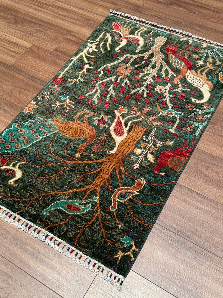 Kuş Orijinal El Dokuması Yeşil Kök Boya Yün Halı 0.78x124 0.97 Metrekare - 3x5 ft