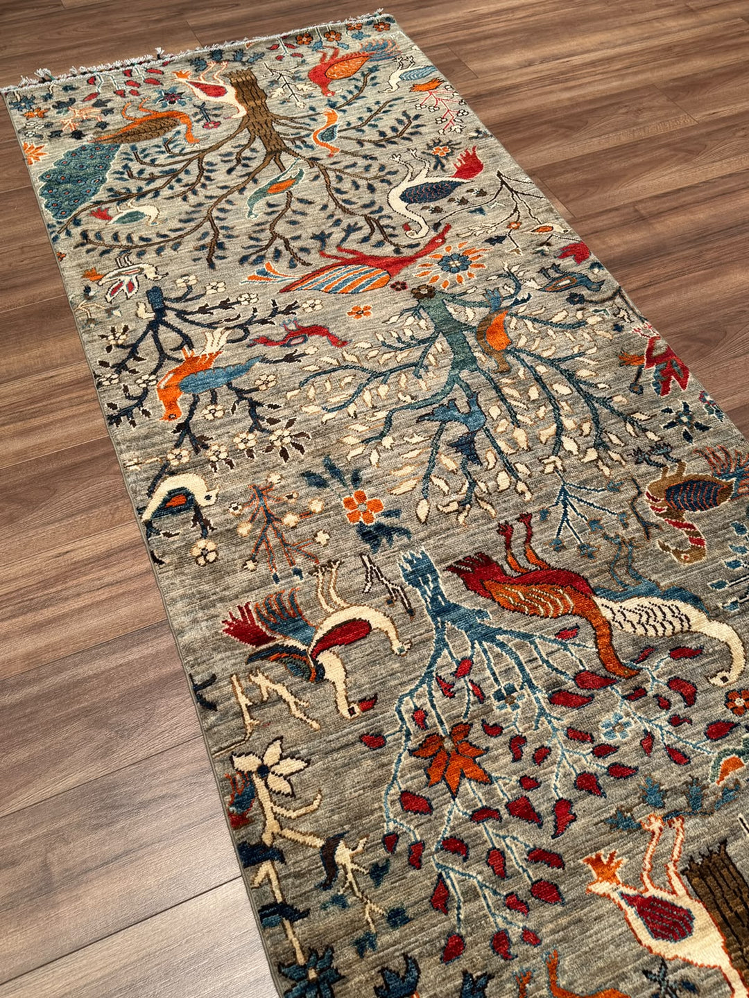 Kuş Orijinal El Dokuması Yolluk Bej Kök Boya Yün Halı 100x293 2.93 Metrekare - 3x10 ft