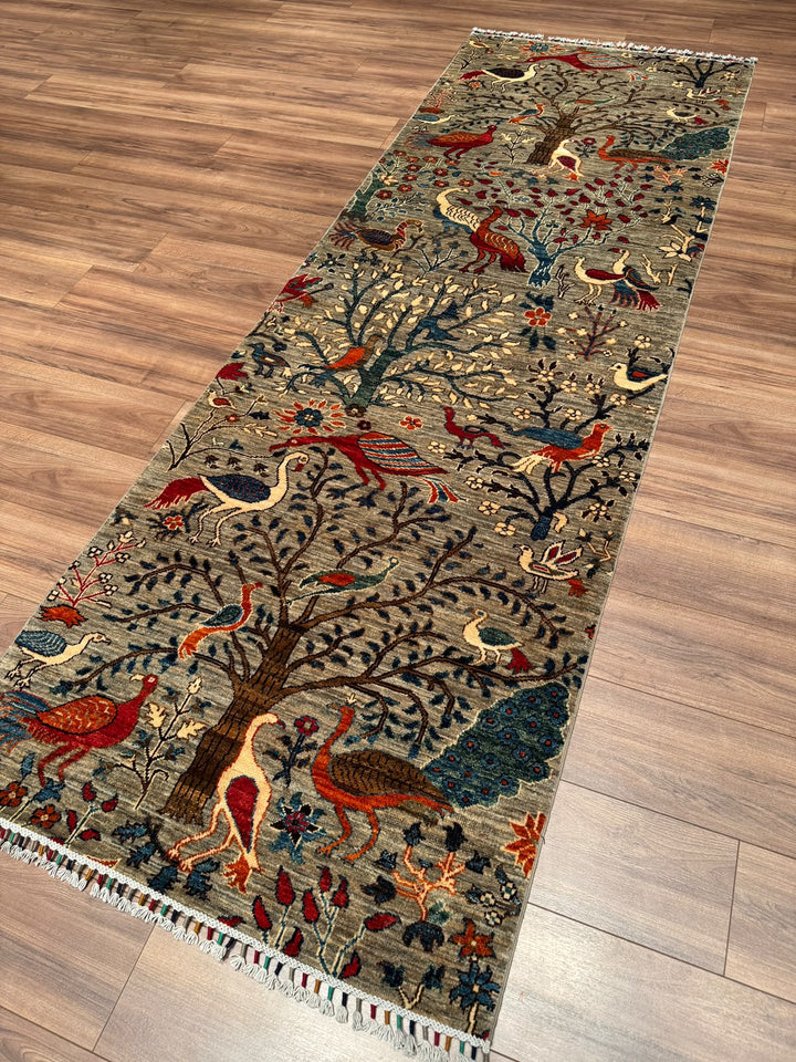 Kuş Orijinal El Dokuması Yolluk Bej Kök Boya Yün Halı 100x293 2.93 Metrekare - 3x10 ft