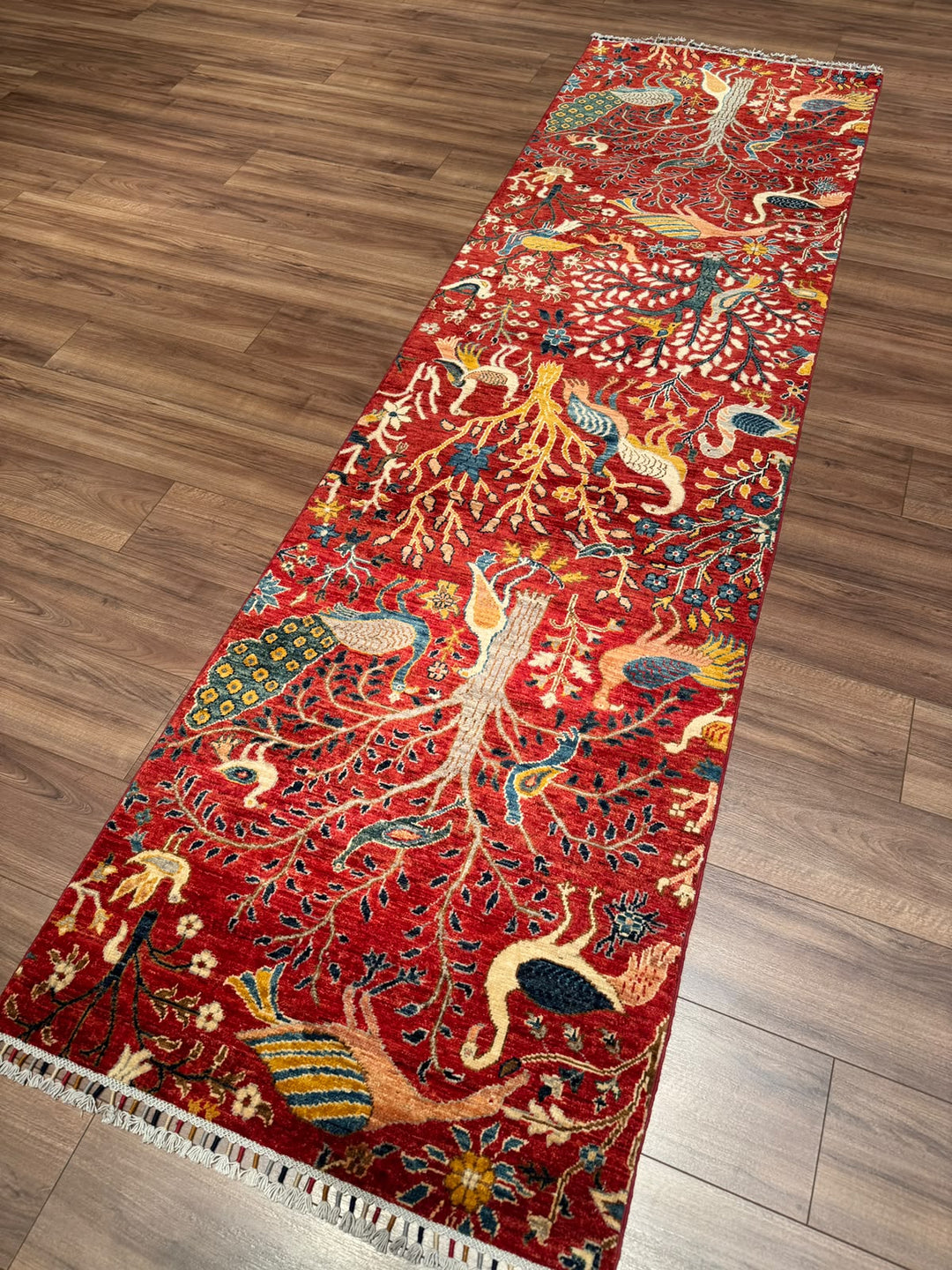Kuş Orijinal El Dokuması Yolluk Kırmızı Kök Boya Yün Halı 0.84x298 2.50 Metrekare - 3x10 ft