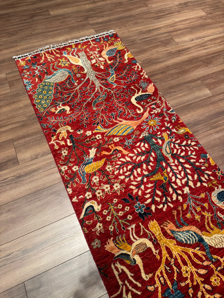 Kuş Orijinal El Dokuması Yolluk Kırmızı Kök Boya Yün Halı 0.84x298 2.50 Metrekare - 3x10 ft