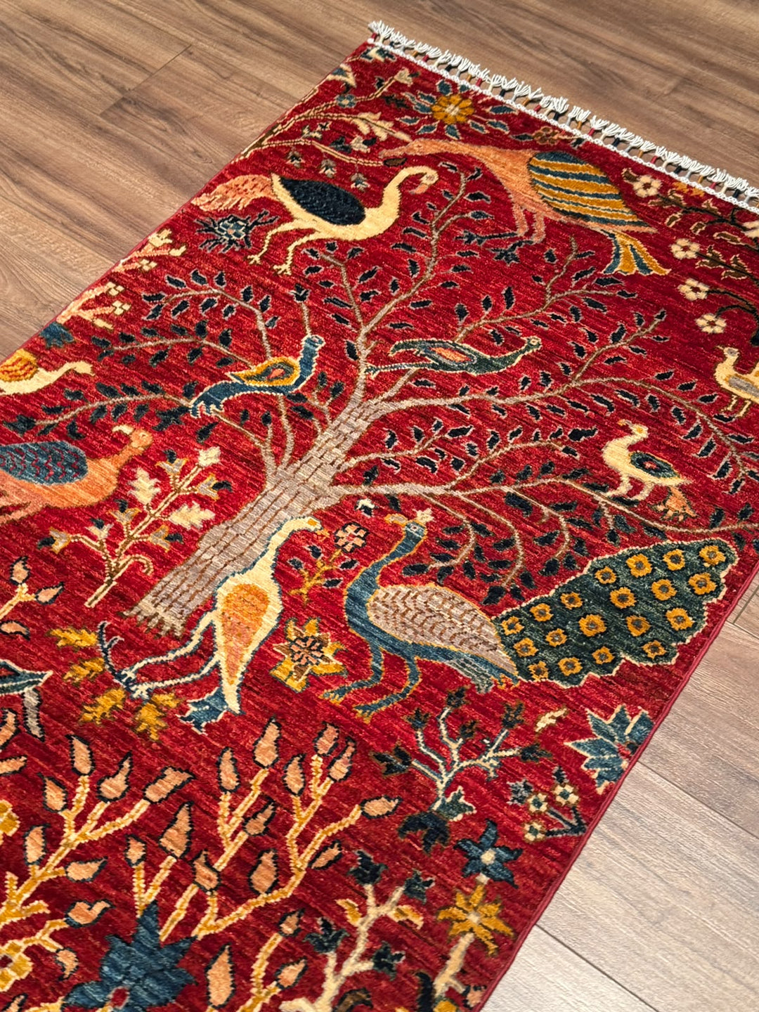 Kuş Orijinal El Dokuması Yolluk Kırmızı Kök Boya Yün Halı 0.84x298 2.50 Metrekare - 3x10 ft
