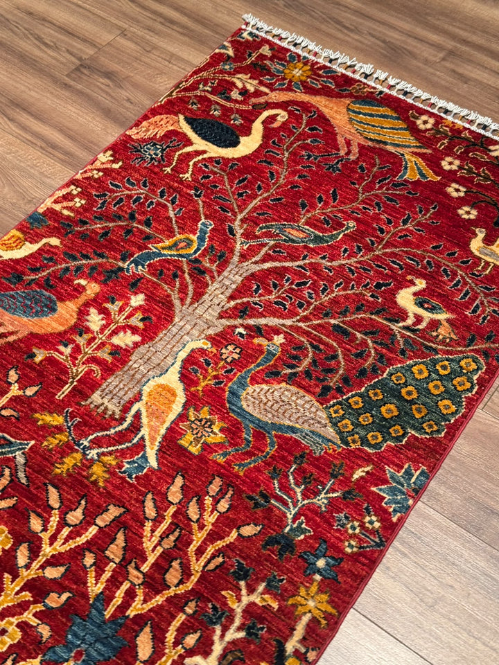 Kuş Orijinal El Dokuması Yolluk Kırmızı Kök Boya Yün Halı 0.84x298 2.50 Metrekare - 3x10 ft