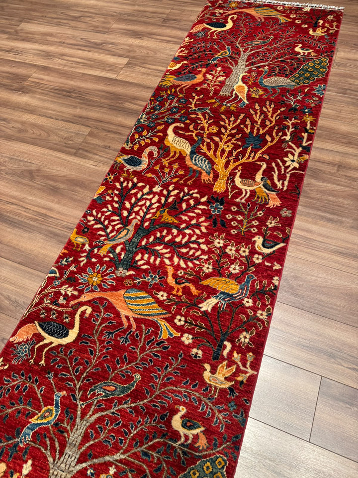 Kuş Orijinal El Dokuması Yolluk Kırmızı Kök Boya Yün Halı 0.84x298 2.50 Metrekare - 3x10 ft