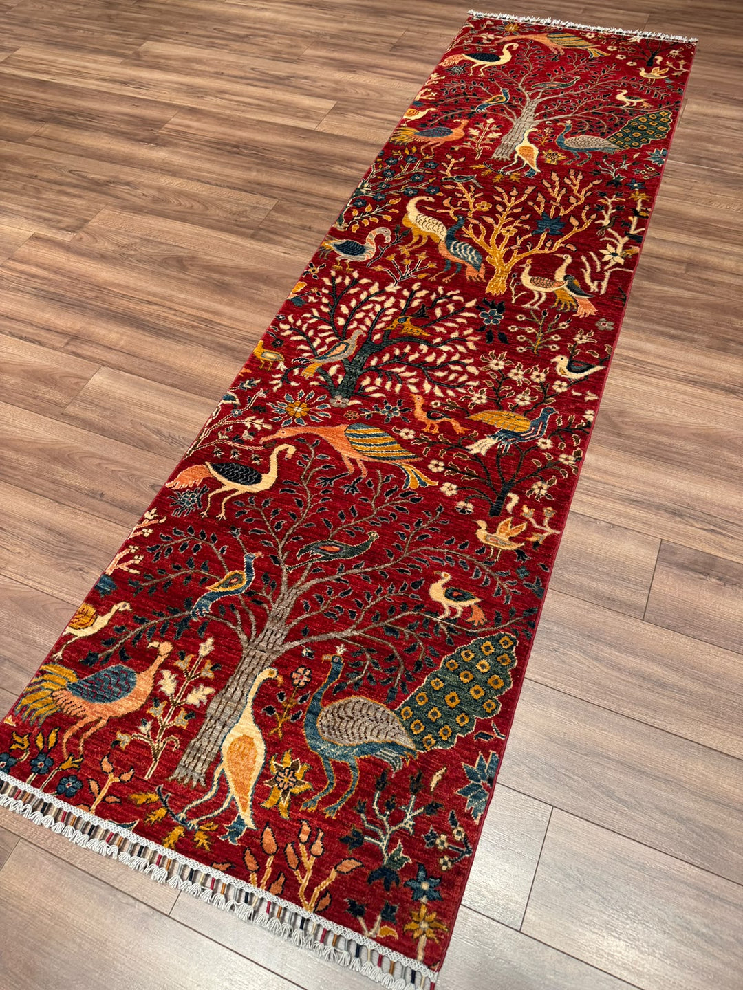 Kuş Orijinal El Dokuması Yolluk Kırmızı Kök Boya Yün Halı 0.84x298 2.50 Metrekare - 3x10 ft