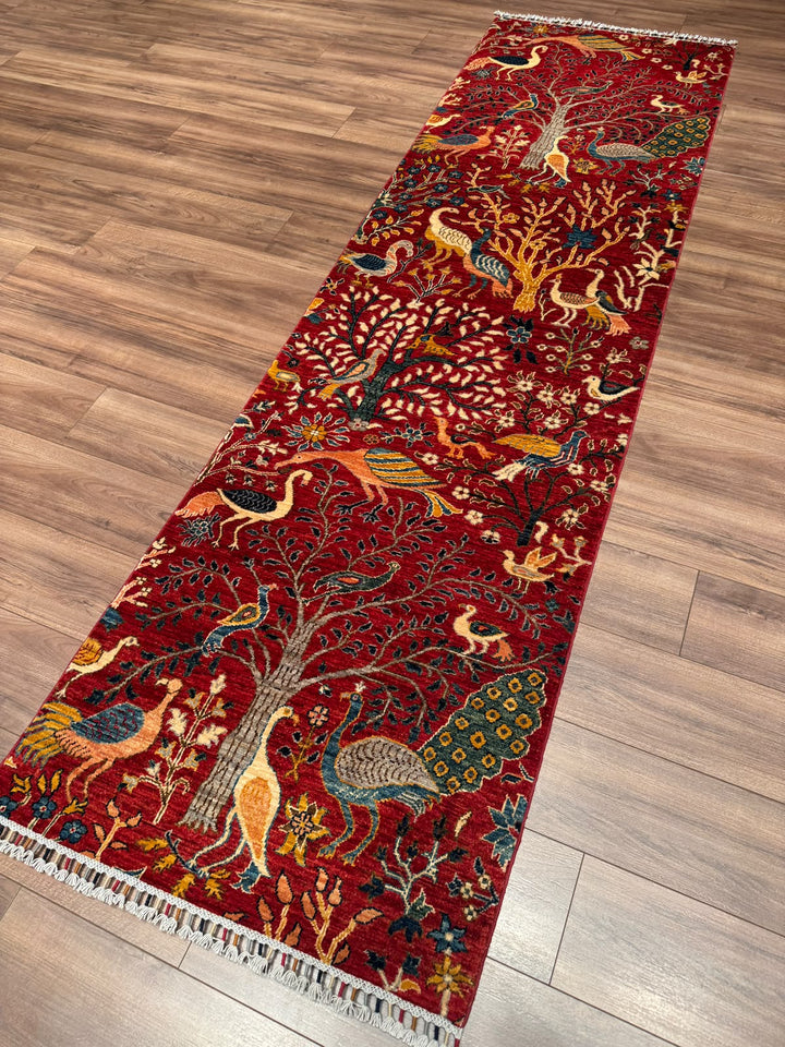 Kuş Orijinal El Dokuması Yolluk Kırmızı Kök Boya Yün Halı 0.84x298 2.50 Metrekare - 3x10 ft