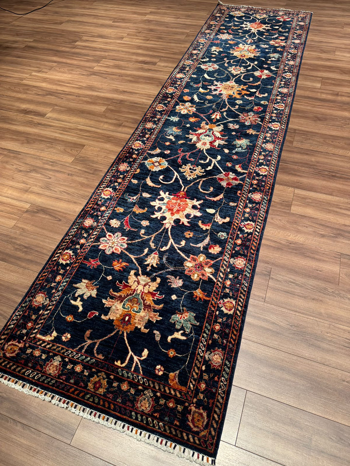 Sultani Binbirgece Yolluk Orijinal El Dokuması Lacivert Kök Boya Yün Halı 100x406 4.06 Metrekare - 3x12 ft