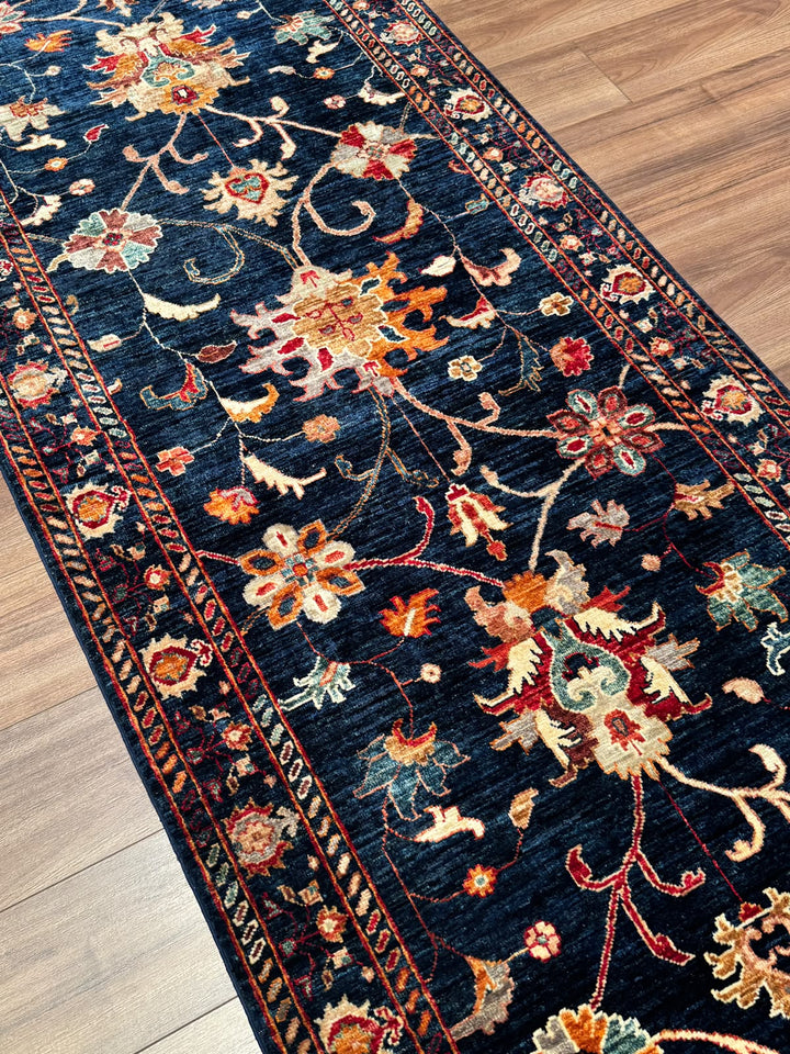 Sultani Binbirgece Yolluk Orijinal El Dokuması Lacivert Kök Boya Yün Halı 100x406 4.06 Metrekare - 3x12 ft