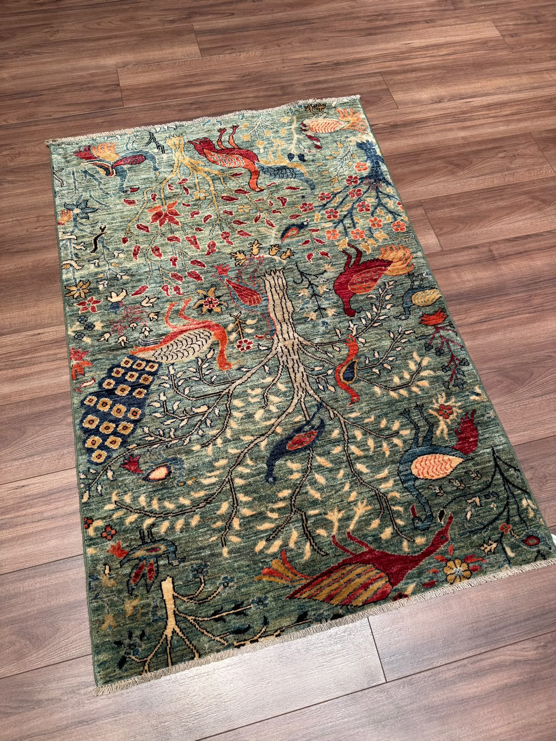 Kuş Orijinal El Dokuması Yeşil Kök Boya Yün Halı 0.97x147 1.43 Metrekare - 3x5 ft