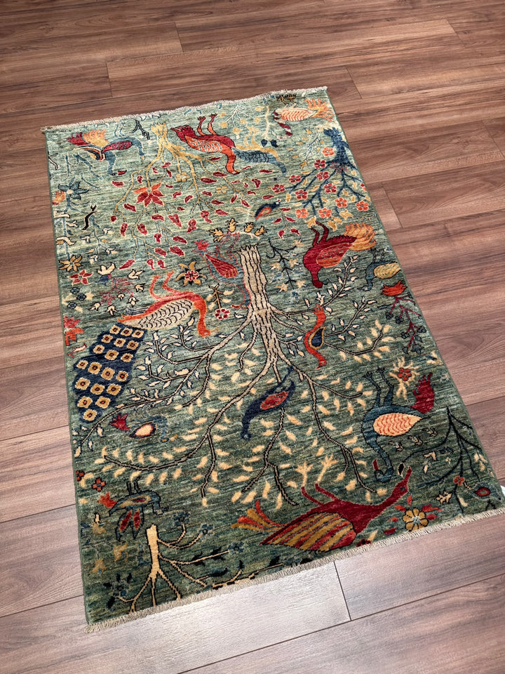 Kuş Orijinal El Dokuması Yeşil Kök Boya Yün Halı 0.97x147 1.43 Metrekare - 3x5 ft
