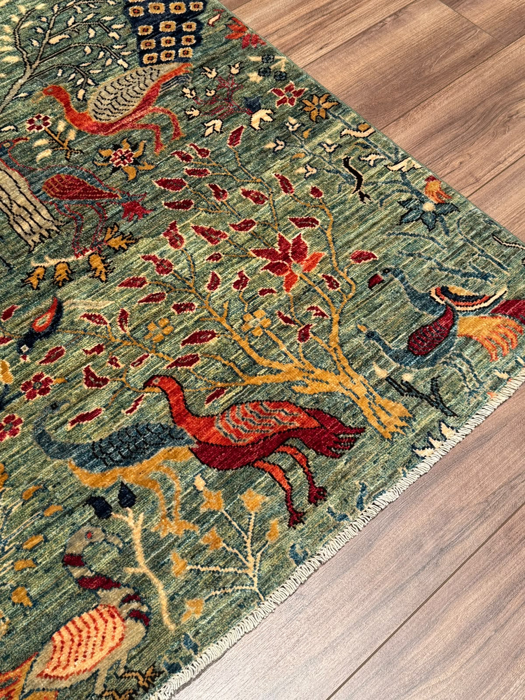 Kuş Orijinal El Dokuması Yeşil Kök Boya Yün Halı 0.97x147 1.43 Metrekare - 3x5 ft