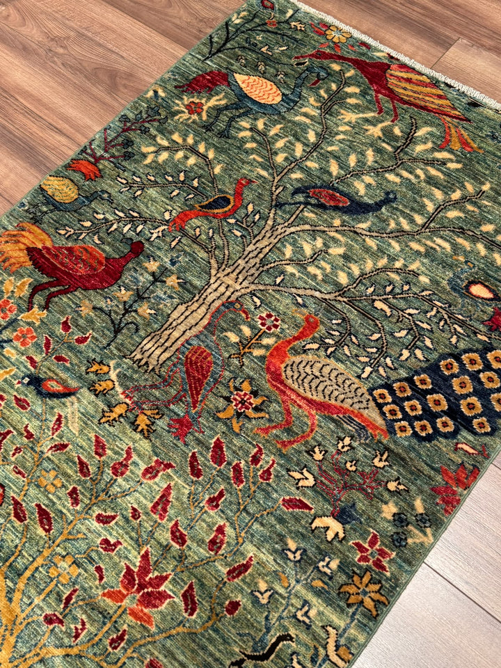 Kuş Orijinal El Dokuması Yeşil Kök Boya Yün Halı 0.97x147 1.43 Metrekare - 3x5 ft