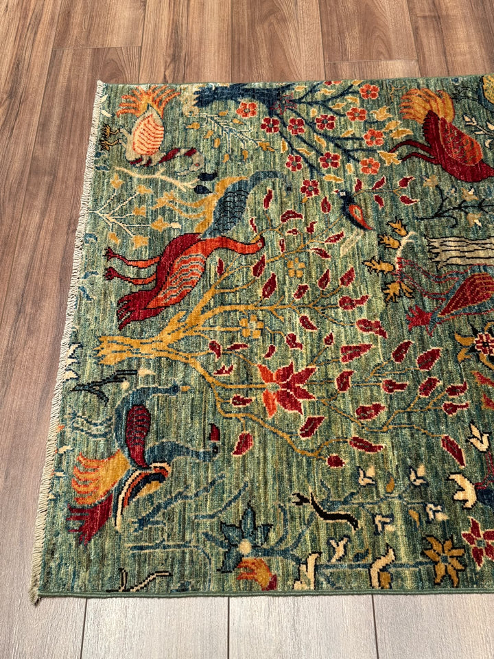 Kuş Orijinal El Dokuması Yeşil Kök Boya Yün Halı 0.97x147 1.43 Metrekare - 3x5 ft