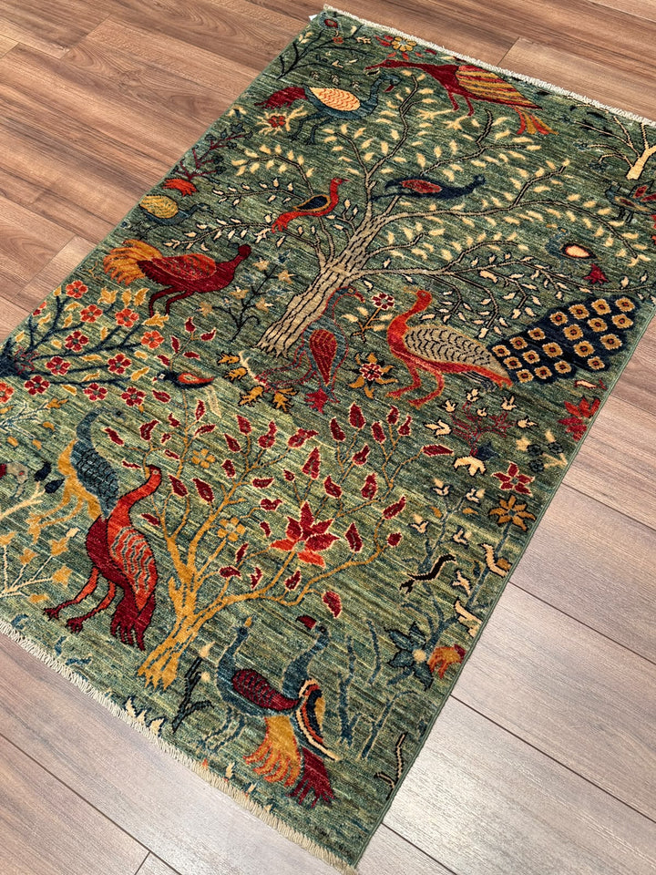Kuş Orijinal El Dokuması Yeşil Kök Boya Yün Halı 0.97x147 1.43 Metrekare - 3x5 ft