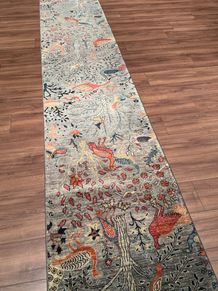 Kuş Orijinal El Dokuması Uzun Yolluk Yeşil Kök Boya Yün Halı 0.76x622 4.73 Metrekare - 3x20 ft